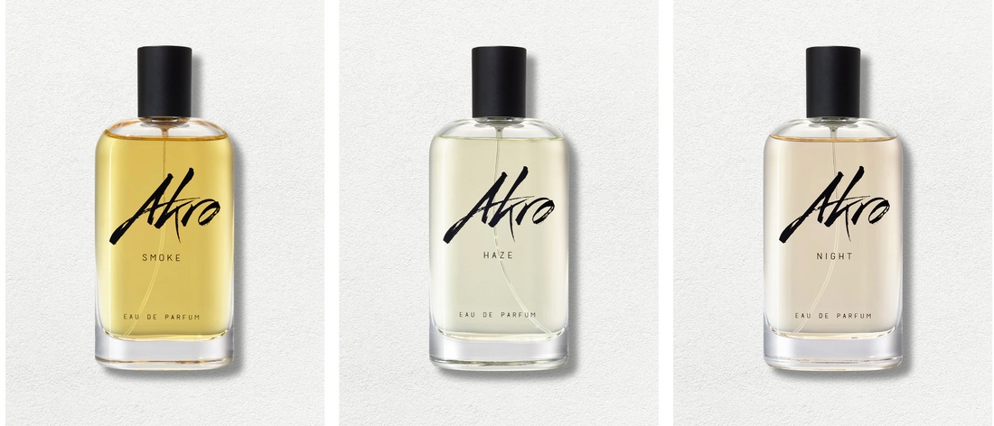 Ranking podium of top Akro perfumes with Bake in first place, followed by Dark, Haze, East, and Ink. Bottles are displayed above each podium step under the title 'Best of Akro